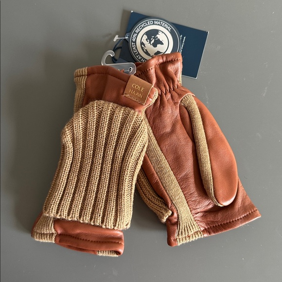 Cole Haan Brown & Tan Leather and Knitted Flipover Mitten - Picture 3 of 7